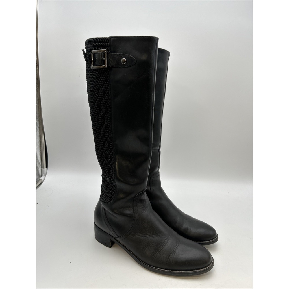 black leather Knee High boots featuring the distinctive Aquatalia
